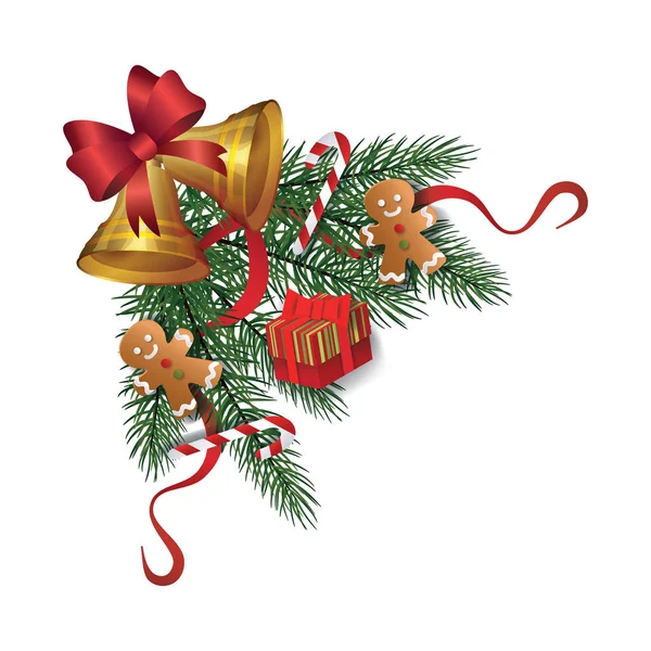 Karácsonyfa ág dekoráció arany harang és mézeskalács sütik — Stock Vector