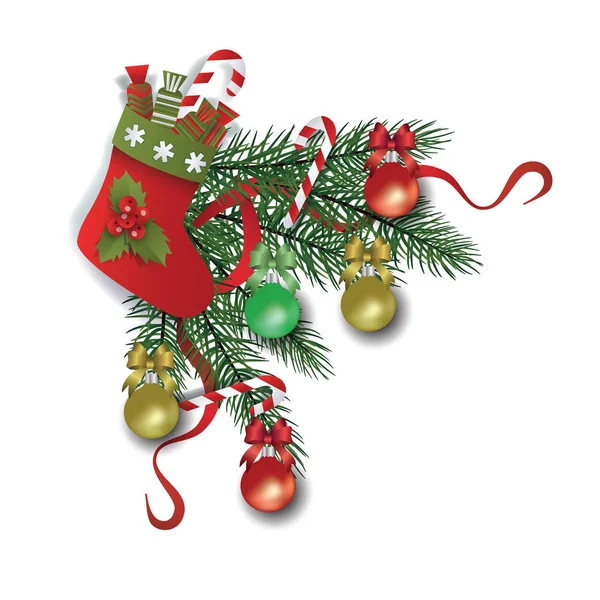 Weihnachtsdekoration mit Tannenzweigen und Kugeln, rotes Band und Stiefel mit Geschenken und Bonbons. — Stockvektor