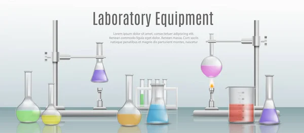 Laboratorio realista de química y medicina con vasos de precipitados y tubos de ensayo . — Archivo Imágenes Vectoriales