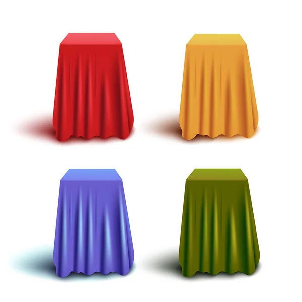 Conjunto de soportes ocultos rojos y azules, amarillos y verdes o cajas con cubierta de cortina de tela . — Vector de stock