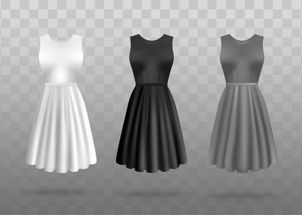 Set of realistic white, black and gray dresses template and mockup for woman, front view. — Stock Vector
