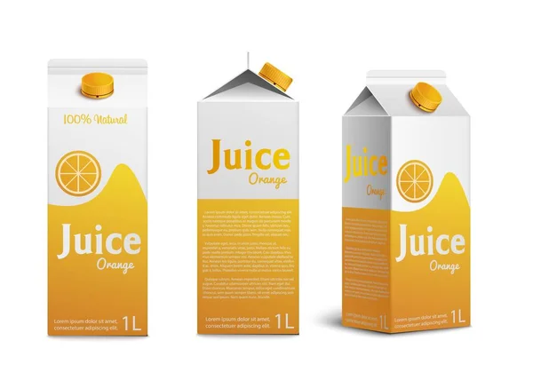 Realistic mockup of pack and box of orange juice. — Stock Vector