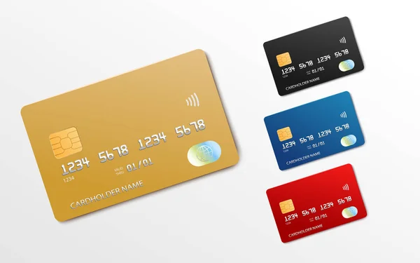 Conjunto de maquetas realistas de tarjetas bancarias: tarjetas de crédito o débito de oro, negras, azules y rojas — Vector de stock