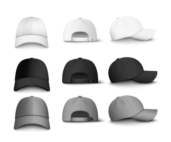 Set of realistic black, white and gray baseball cap or hat. — Stock Vector