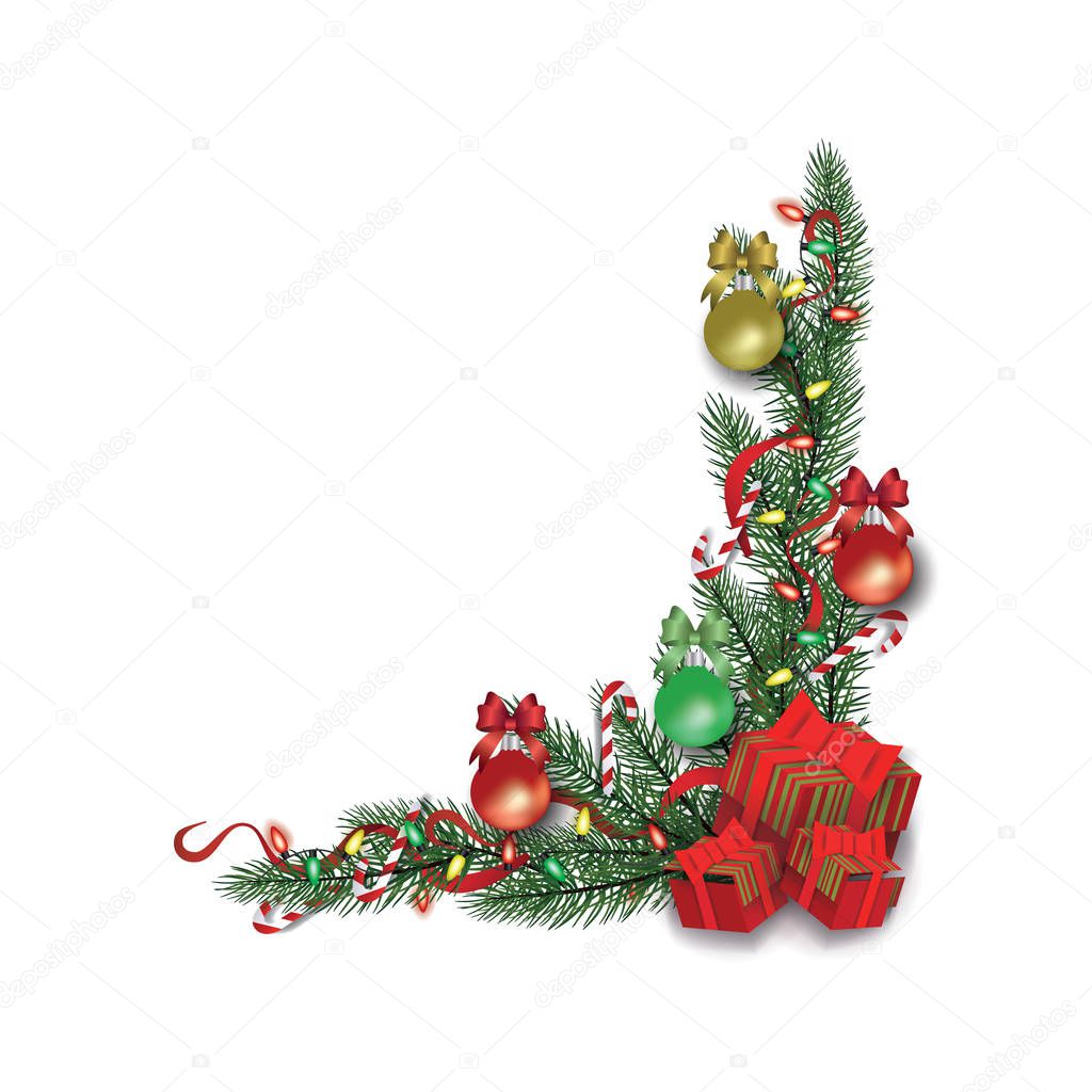 Christmas holiday corner border decoration with green pine branches