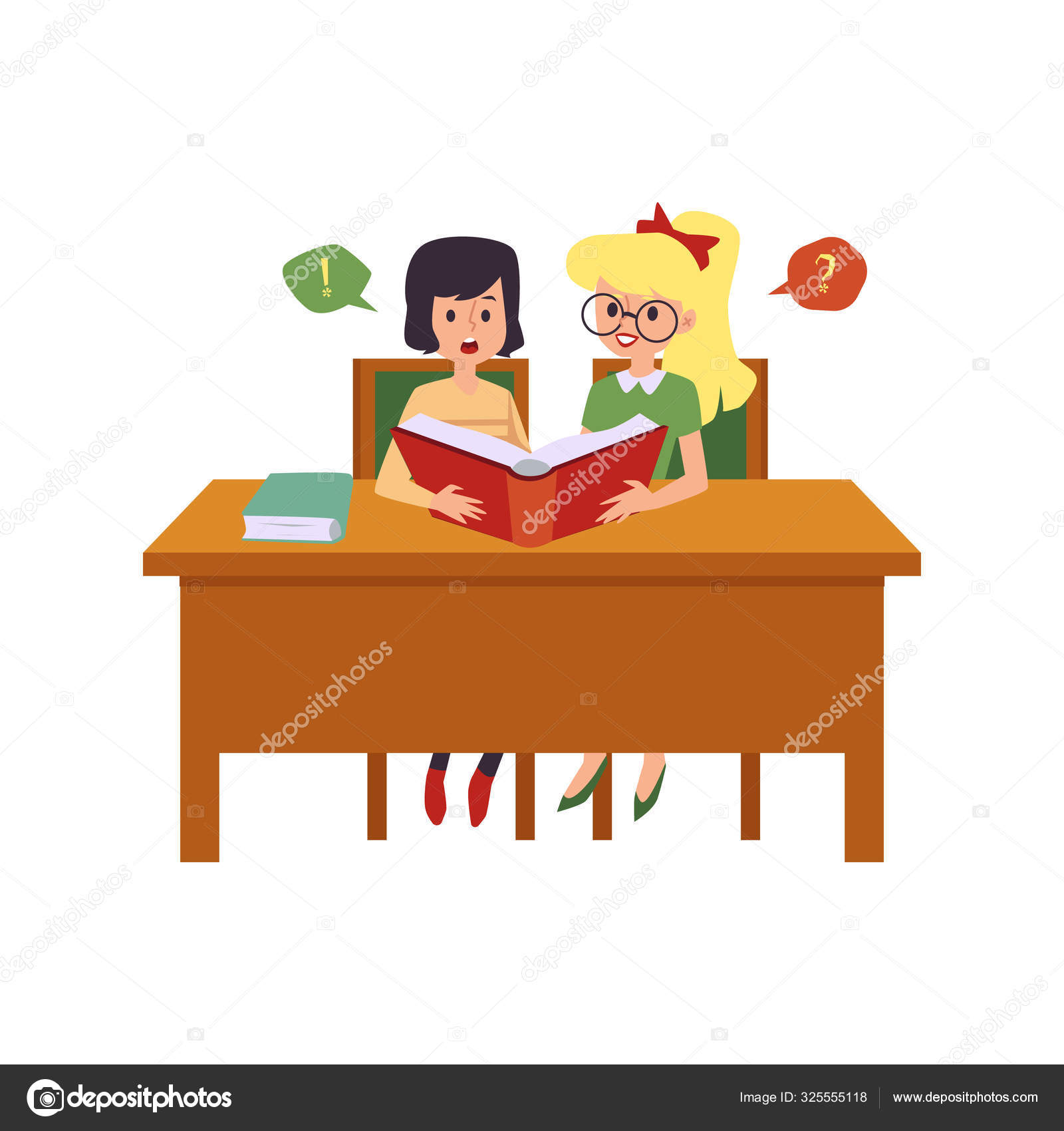 Little Cartoon Girls Sitting At School Desk Reading A Book Stock