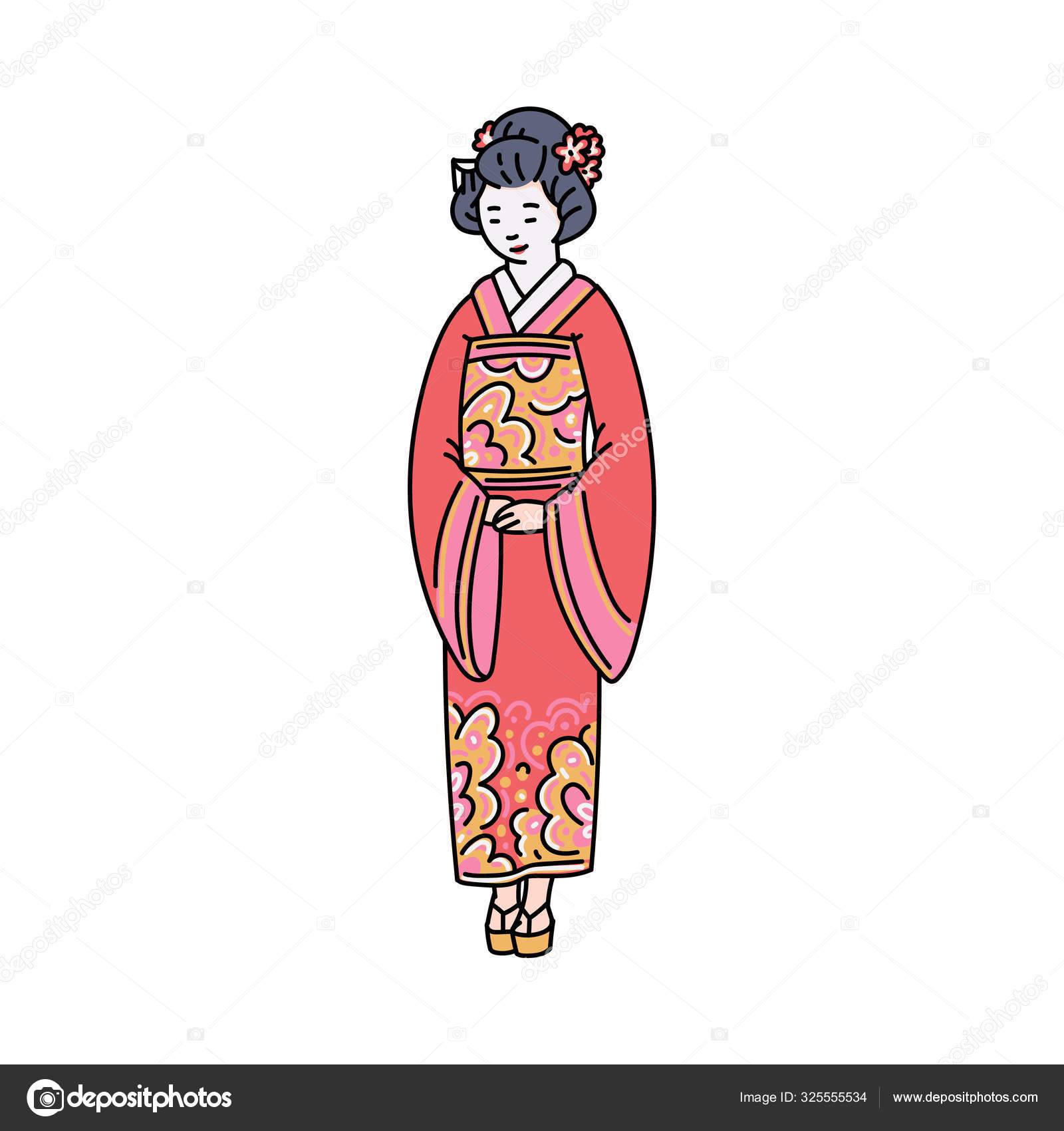 日本の女性の伝統的な着物のスケッチベクトルのイラスト孤立