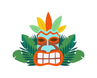 Tiki hawaiian mask icon and tropical leaves, flat vector illustration isolated. clipart