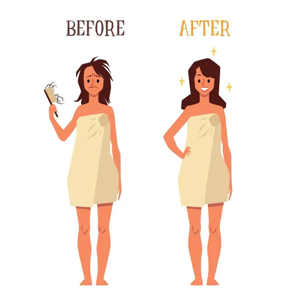 Mujer antes y después del tratamiento del cabello ilustración plana vector de dibujos animados aislado . — Vector de stock