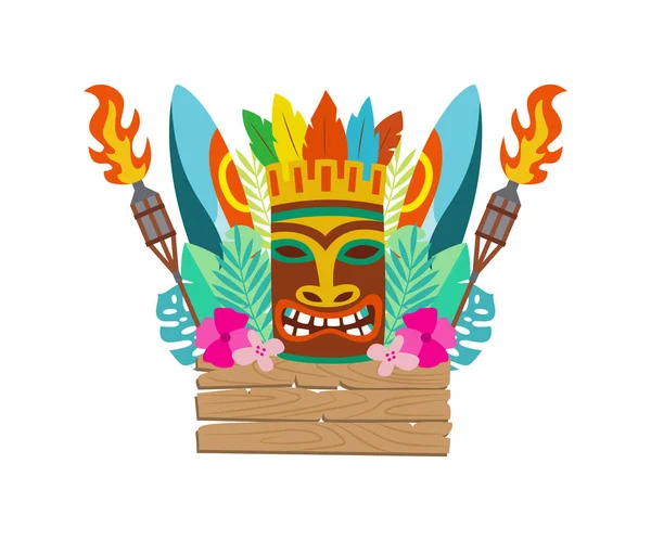 Tiki mask, surfbräda och Hawaiian semester objekt platt vektor illustration isolerad. — Stock vektor