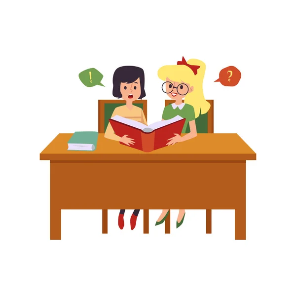 Kleine Zeichentrickmädchen sitzen auf der Schulbank und lesen ein Buch — Stockvektor