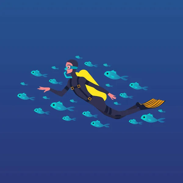 Hombre de dibujos animados buceo con escuela de peces aislados sobre fondo azul oscuro — Archivo Imágenes Vectoriales