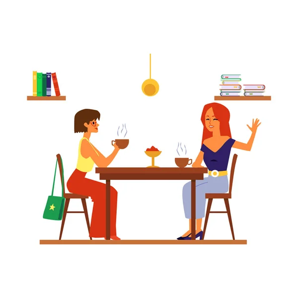Two girl friends drinking tea or coffee beside table and talking — Stock Vector