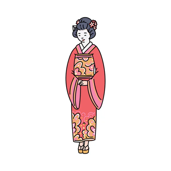Ιαπωνική γυναίκα σε παραδοσιακό σκίτσο κιμονό διανυσματική απεικόνιση απομονωμένη. — Διανυσματικό Αρχείο