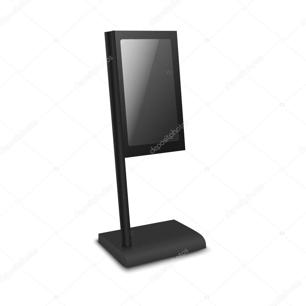 Black digital signage kiosk mockup in flag shape isolated on white background