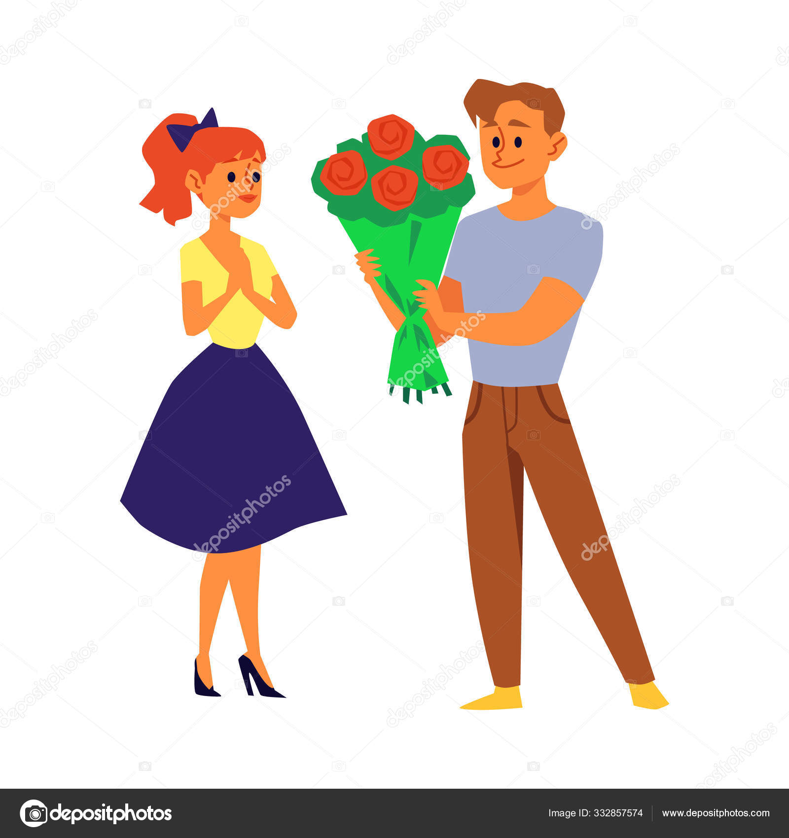 Cartoon couple with flower bouquet - young man giving rose flowers to woman Stock Vector Image by ©Sabelskaya #332857574 Cartoon couple with flower bouquet - young man giving rose flowers to woman Stock Vector Image by ©Sabelskaya #332857574