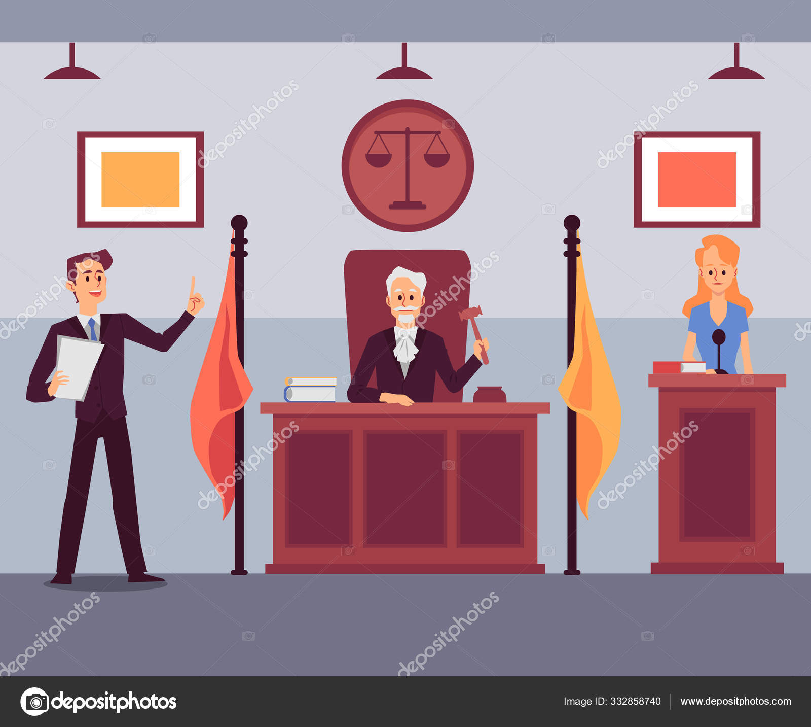 Courthouse scene with judge listening to attorney, flat cartoon vector  illustration. Stock Vector Image by ©Sabelskaya #332858740
