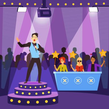 Talent show - cartoon singer man singing on stage for judge panel clipart