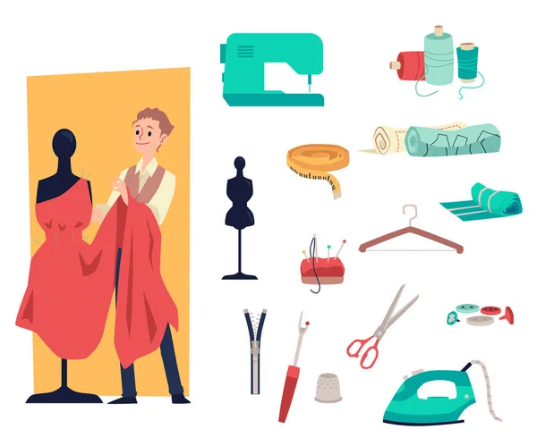 Dressmaker or tailor man and sewing tools set of vector illustrations isolated. — Stockvector