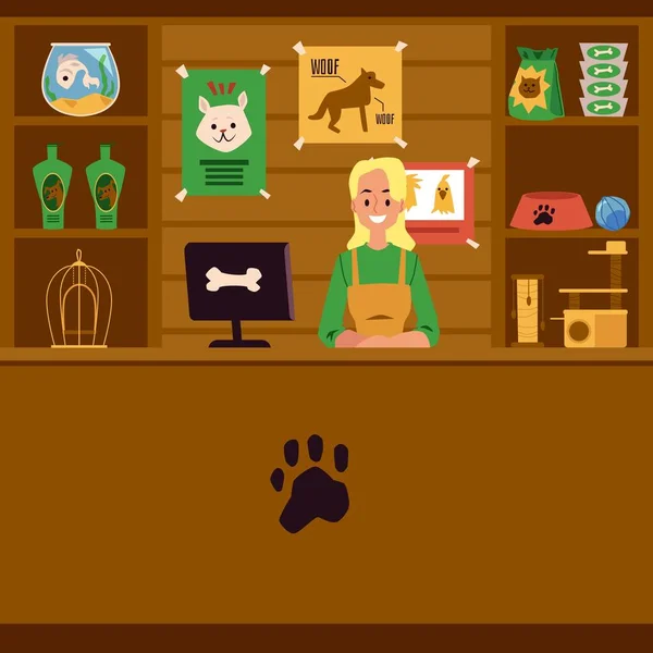 Tienda de mascotas con vendedor y contador con productos para el cuidado de mascotas, ilustración vectorial plana . — Vector de stock