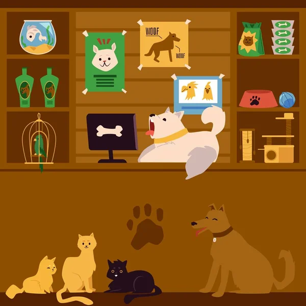 Tienda de mascotas interior con animales de dibujos animados como vendedores. Lindo perro acostado en el registro — Vector de stock