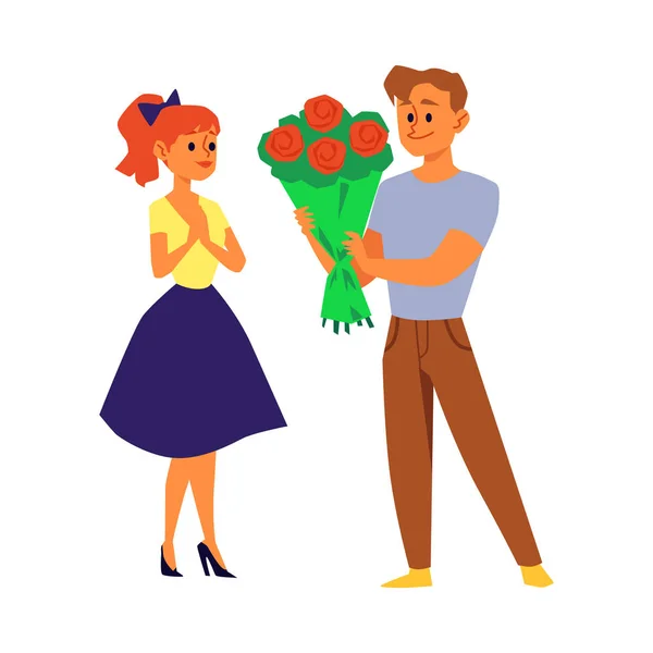 Pareja de dibujos animados con ramo de flores - hombre joven dando flores de rosas a la mujer — Vector de stock