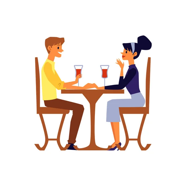 Pareja de dibujos animados hablando y bebiendo vino sentado en la mesa del restaurante — Vector de stock