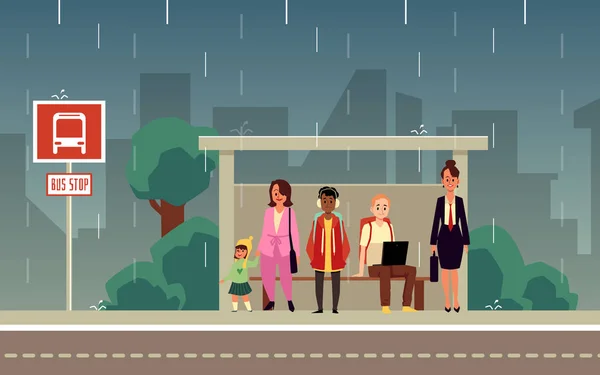 Cartoon people standing at city bus stop on rainy weather. — 스톡 벡터