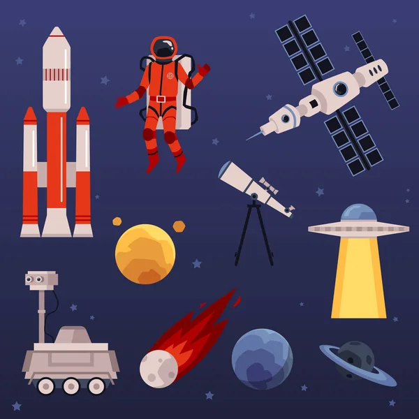 Spacesymbols set with astronaut and spaceship vector illustration isolated. — Διανυσματικό Αρχείο