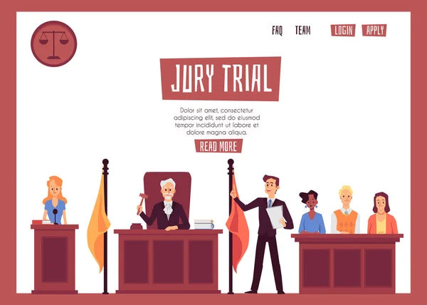 Juridisk representation i domstol banner med människor, platt vektor illustration. — Stock vektor