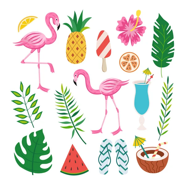 Tropické letní design set - růžové flamingo, exotické ovoce a koktejlové nápoje, atd. — Stockový vektor