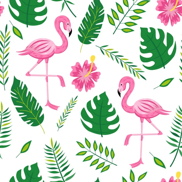 Flamingo en bladeren naadloos patroon - tropische zomer symbool collectie — Stockvector