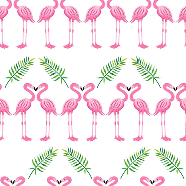 Flamingo rosado y patrón sin costuras de hojas tropicales - ilustración vectorial de dibujos animados . — Vector de stock