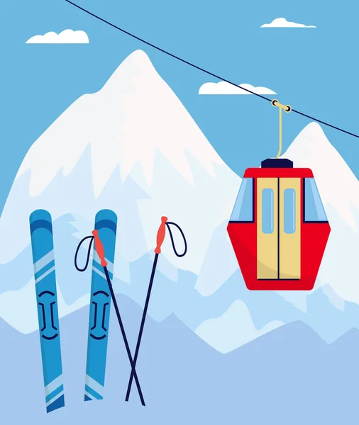 Plakát zimního lyžařského střediska s lyžařským vybavením a červenou lanovkou — Stockový vektor