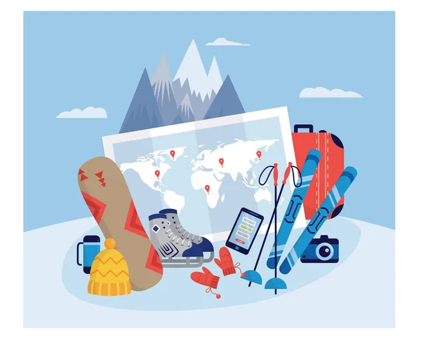 Landscape with winter sport and tourists equipment, flat vector illustration.