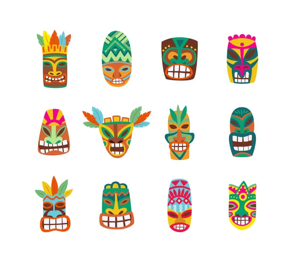 Bunte Tiki-Maske isoliert auf weißem Hintergrund - Vektorillustration — Stockvektor