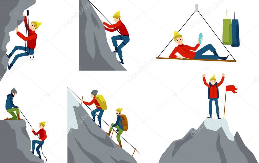 Set with climber or alpinist character flat cartoon vector illustration isolated.
