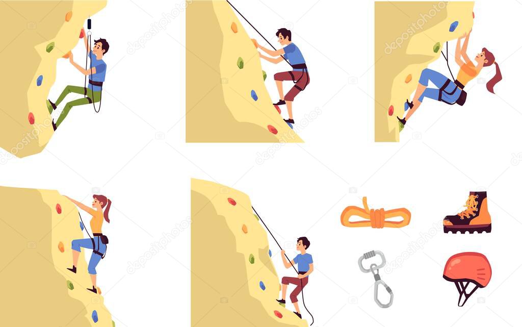 Set of climbing on mountain men characters, flat vector illustration isolated.