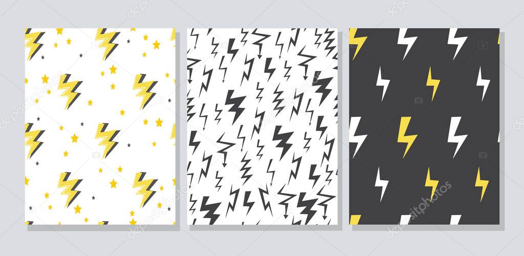 Set of seamless patterns with lightning strike icons cartoon vector illustration.
