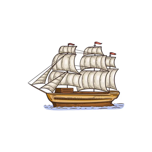 Navio de vela vintage com velas enquanto - desenho isolado no fundo branco . — Vetor de Stock