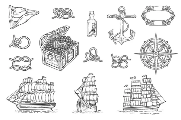 Vintage piratenschip en schattenjacht tekenset - vector illustratie — Stockvector