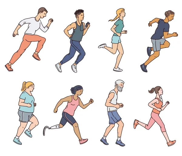 Âge et forme du corps variés coureurs de marathon - illustrations vectorielles prises isolément. — Image vectorielle