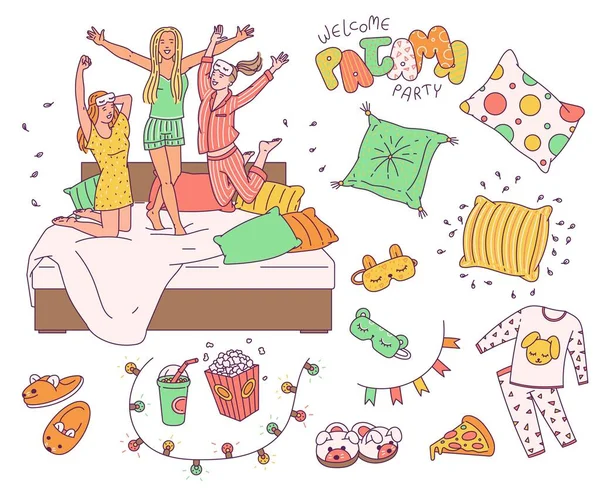 Pajama slumber party drawing set - cute sleepover objects and people — Stock Vector