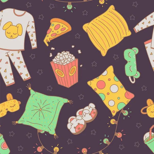 Naadloos patroon met slaapfeestje pyjama items, schets vector illustratie. — Stockvector