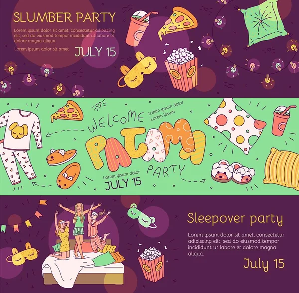 Slumber pyžama party banner set - kreslené dívky a roztomilé objekty — Stockový vektor
