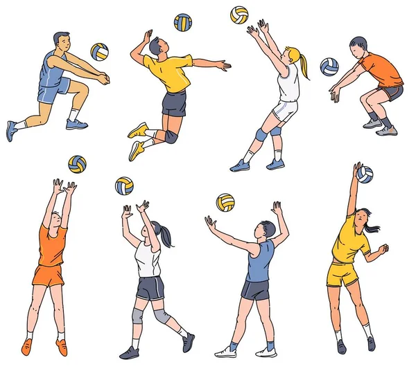 Giocatori di pallavolo - uomini e donne set di illustrazione vettoriale schizzo isolato. — Vettoriale Stock