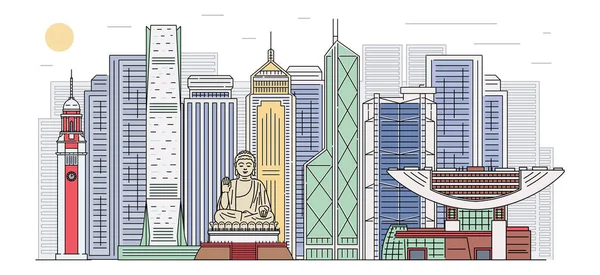 Hong kong skyline mit Wahrzeichen banner, cartoon skizze vektorillustration. — Stockvektor