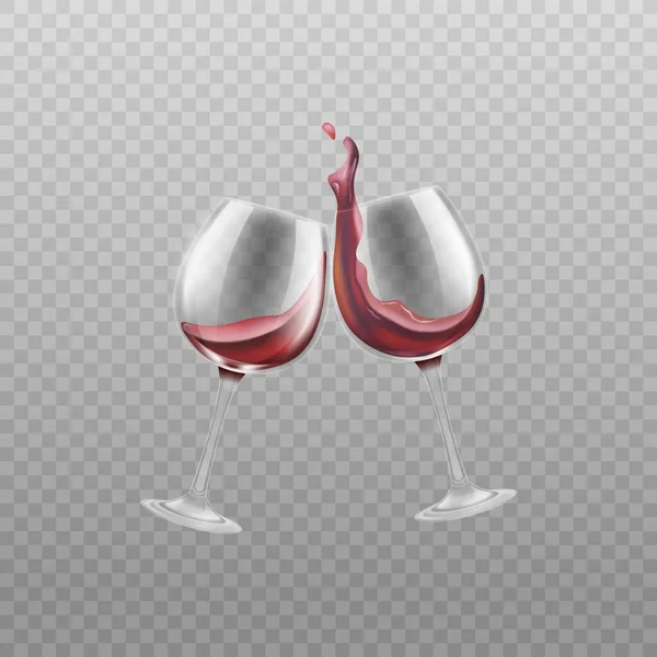 Dos copas de vino con vino salpicado rojo ilustración vectorial realista aislado . — Vector de stock
