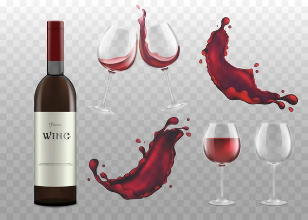 Botella de vino tinto, copas y salpicaduras, ilustración vectorial maqueta aislada . — Vector de stock