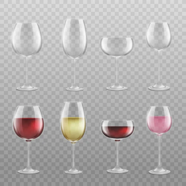 Different realistic wine glass types set with and without drink — Stockový vektor